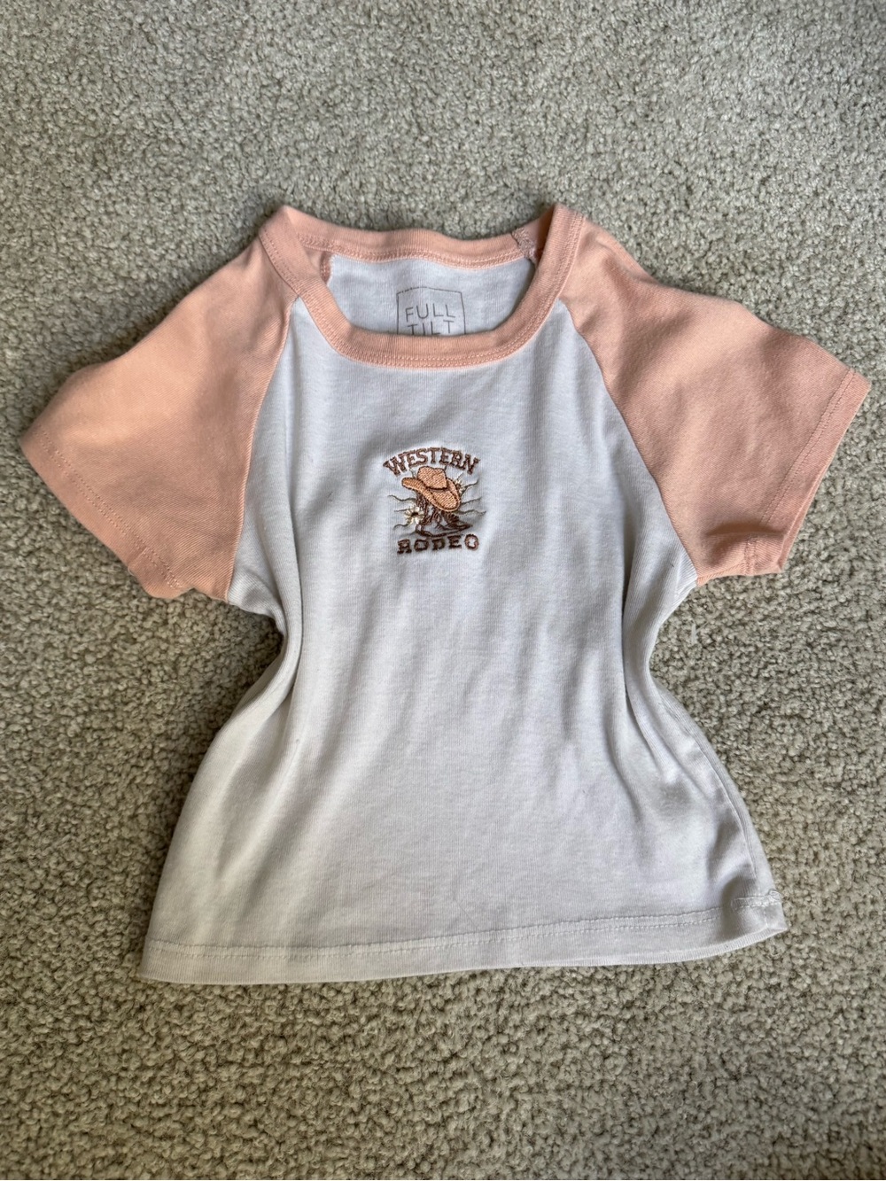 Full Tilt White Tee with Peach Raglan Sleeves - Western Rodeo Graphic baby tee y